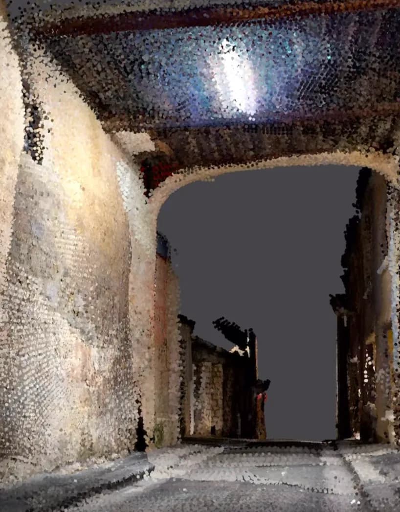 Reconstitution 3D en nuage de points d’une ruelle passant sous une voûte, la nuit