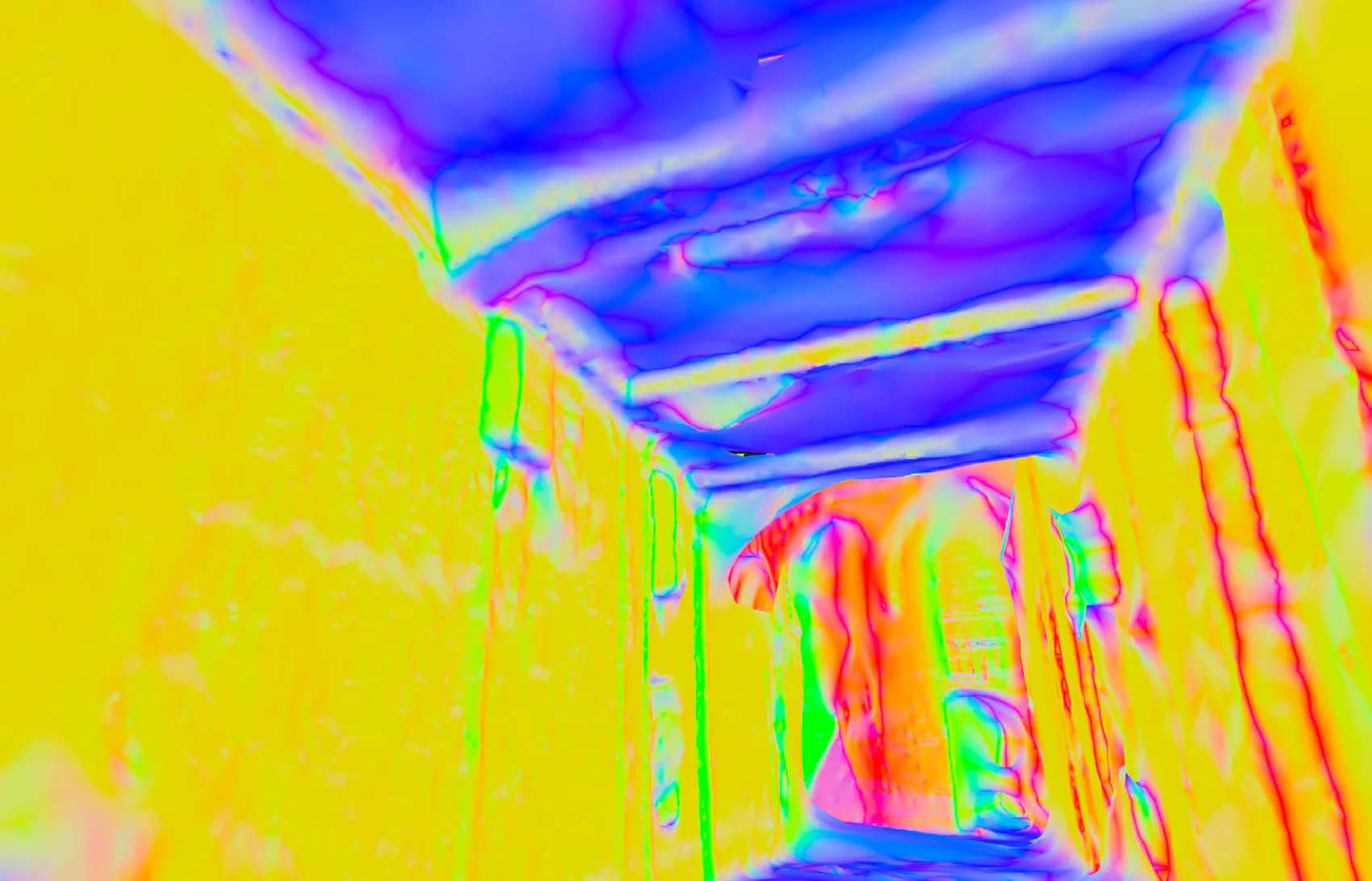 Rendu 3D en fausses couleurs d’un passage couvert, en jaune, bleu et rose