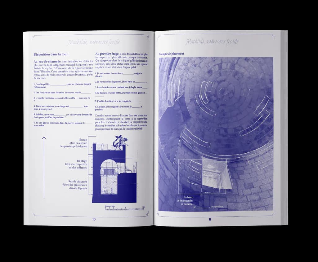 Double page du livret : coupe de la tour et vue du parcours intérieur