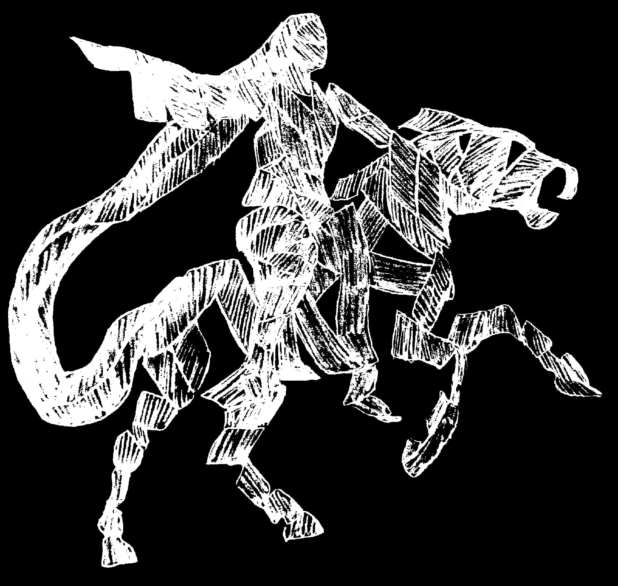 Dessin blanc sur fond noir d’une cavalière à cheval, faite de bandes fragmentées