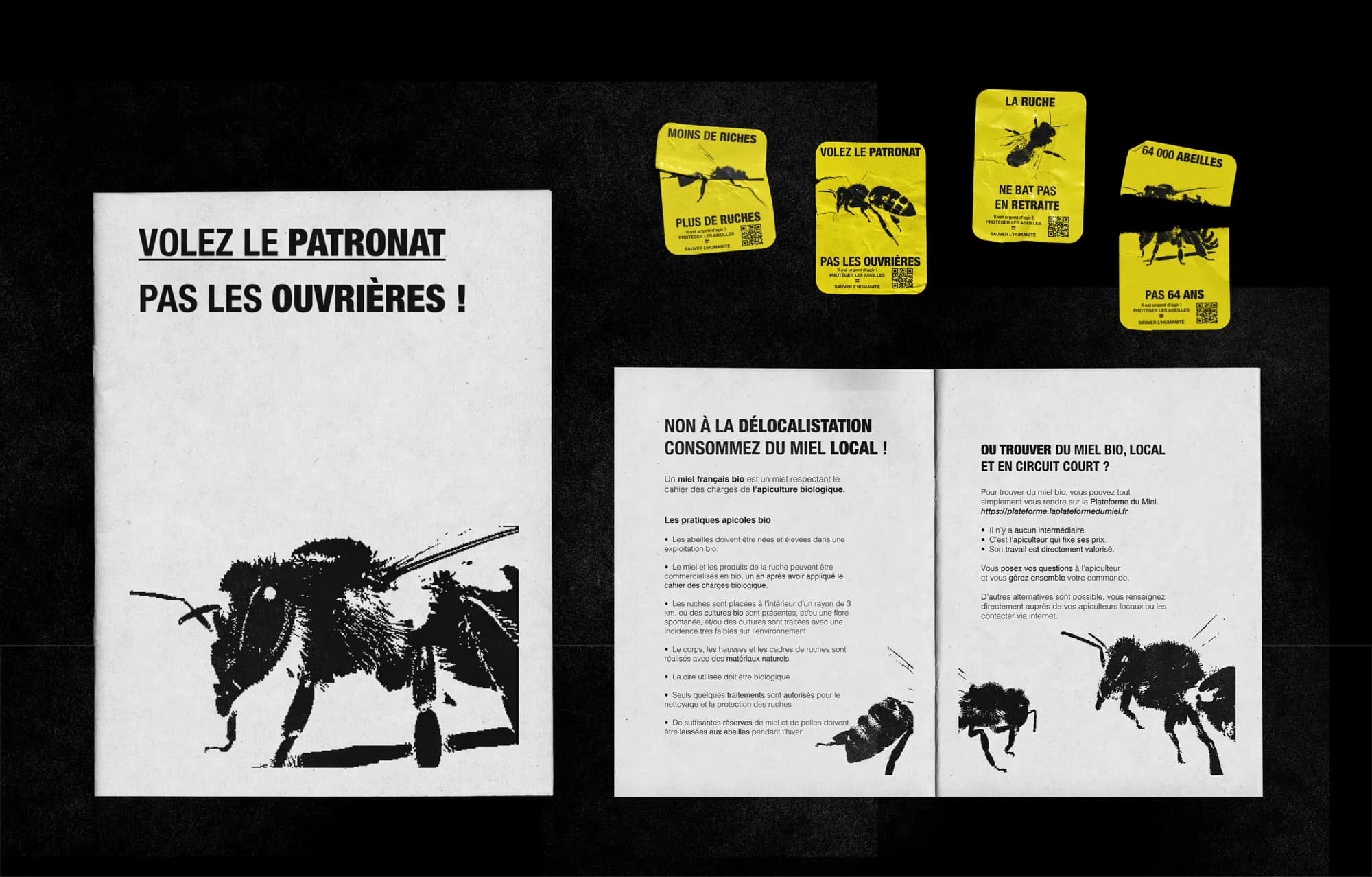 Le fanzine et les stickers jaunes de la campagne sur fond noir : couverture « Volez le patronat pas les ouvrières ! » et double page illustrée d’abeilles